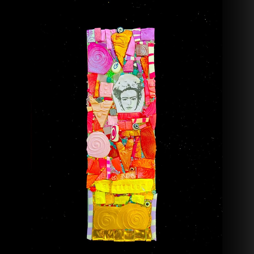 Handmade Clay Mosaic Art “Feeling Grateful “ Polymer Clay  On Wood  12”x4”